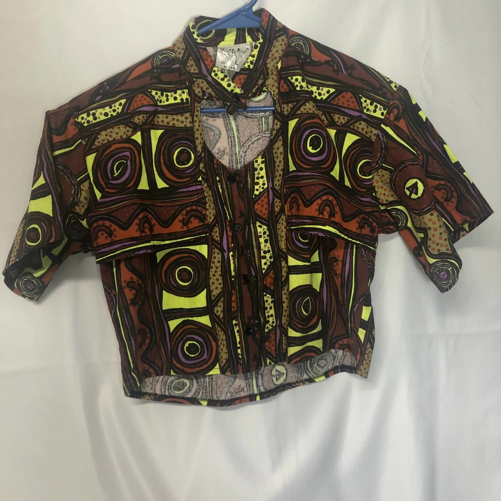 Cropped Button-Down Shirt in Brown & Yellow Abstract Print